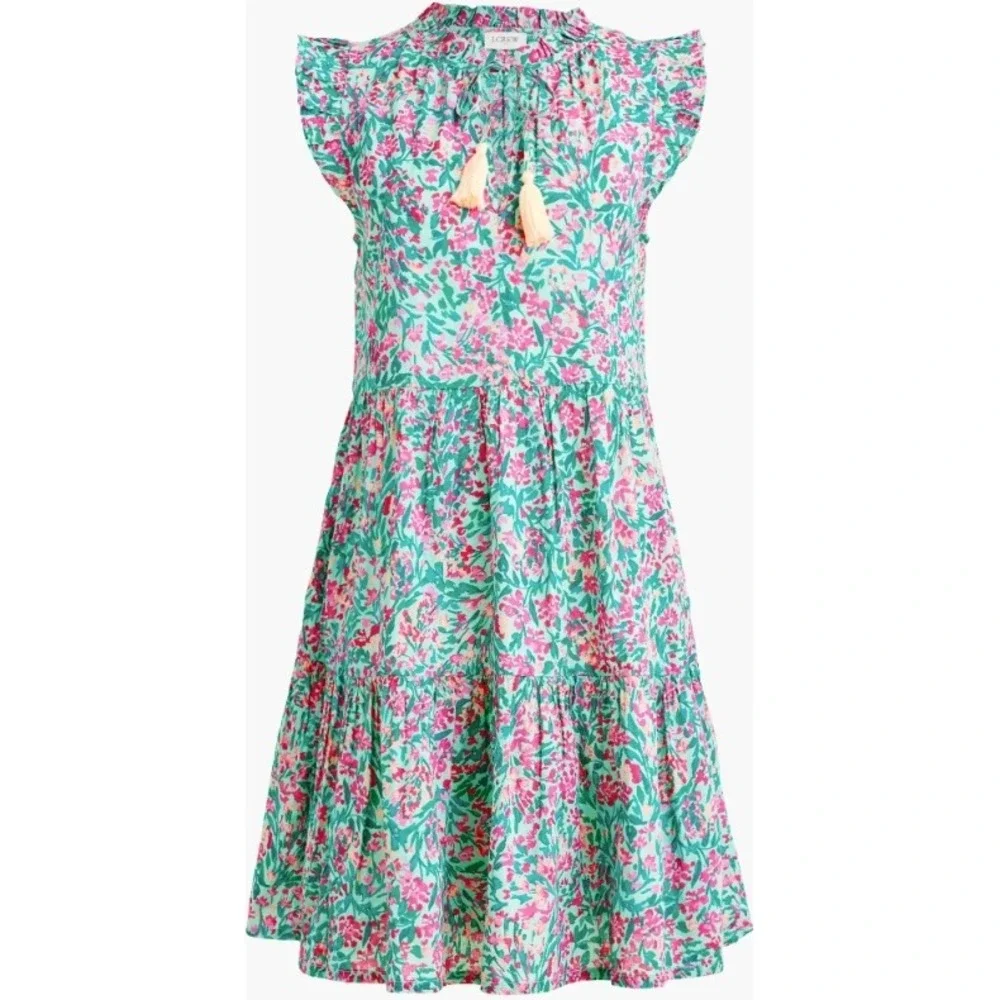 J. Crew Tiered Floral Ruffle V Neck Tassel Dress XS Mint Pink Green NWT‎ $98